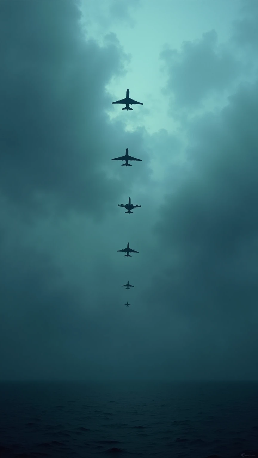  " Five planes disappearing in a dark, cloudy sky over the ocean, somber tones and deep blue , mysterious style "