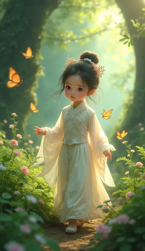 a beautiful oriental baby girl in white Chinese clothes walking in an enchanted forest, many bright butterflies