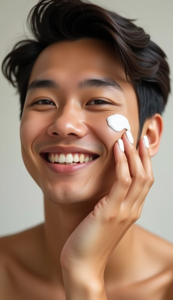 I want Yuranni Obando applying a cream to his face with one hand and that he is smiling