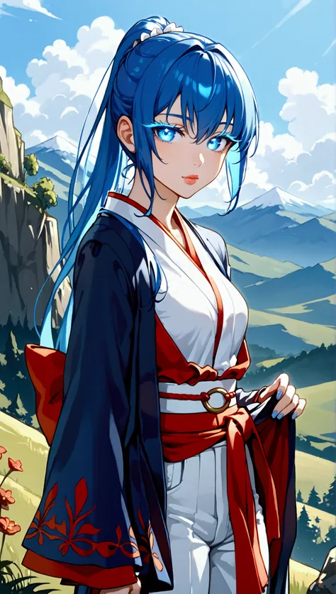 young woman,  with glowing blue hair in a long ponytail,  blue bright eyes, blue lashes , medium lips, medium-sized ,  wide hips ,  narrow waist ,  dressed in black tatsuke hakama ,  breasts that fit snugly ,  pants from a pair of white kyahan and white ta...