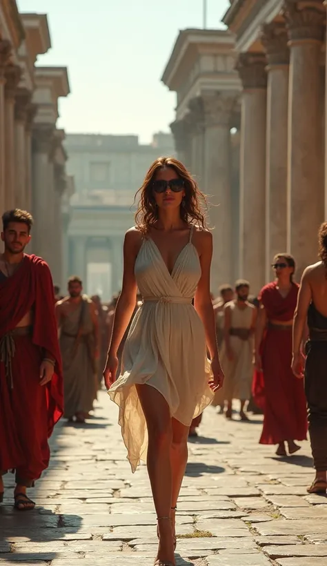 realistic photo of a modern woman walking through ancient Rome, with all passersby looking at her