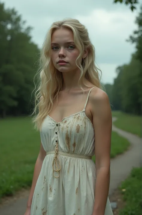 ight blonde hair and a worn and dirty white dress.  In a park  , cloudy