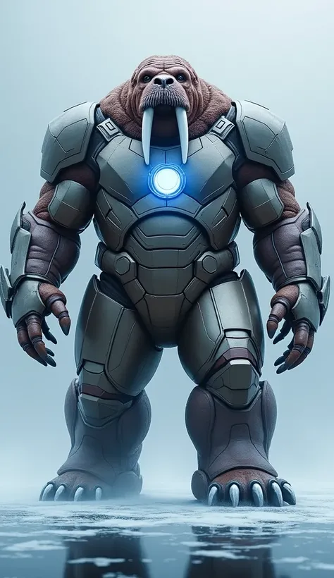 "On a frozen lake, create a powerful hybrid character that merges the essence of Iron Man with the formidable presence of a massive walrus. This character should feature the robust body of a walrus, its thick skin covered in a combination of natural blubbe...