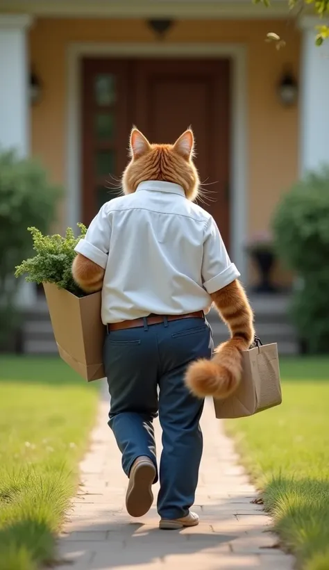 The dad cat wear white shirt and blue pant approaches the front door of his cozy home, groceries in hand, ready to go inside. Photo from the back