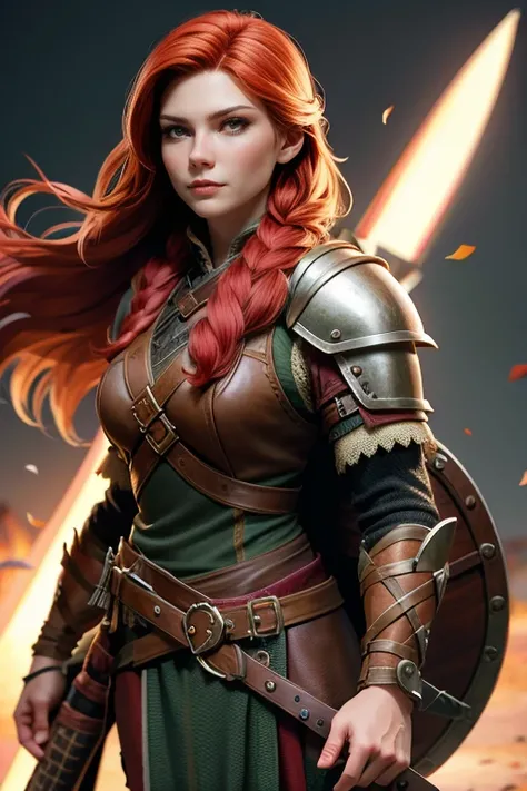 woman young, Red-haired warrior, long hair gathered in a single braid, freckles on the face, mix of Nordic and Celtic themes, armed with long sword and round wooden shield, wearing medium leather armor with fur linings and Celtic and Norse knots, ,  very d...