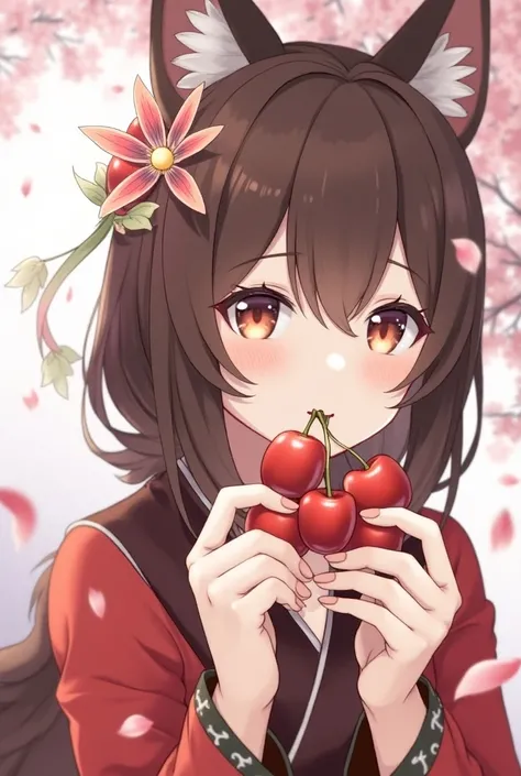 yae miko, de genshin impact, eating, Cherries, with cherry petals, ashamed.