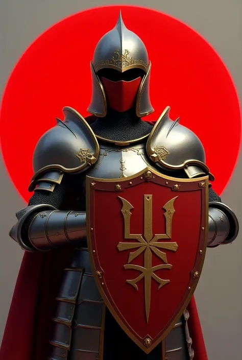 Female knight in armor  ,full helmet covered and shield on the front on your chest with 2 unique colors the armor and the red helmet with gold in 3d facing forward with the background of a shield in a red circle with gold edges 