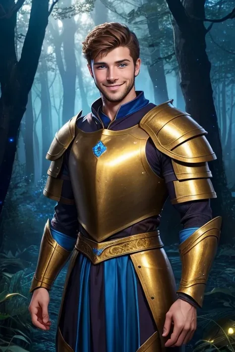 Photo realistic. A handsome, twenty-year-old, Caucasian, muscular medieval warrior, with fade-cut, brown hair, stubble, and blue eyes, wearing sleeveless, shimmering blue and gold armor, smiling slightly, standing in a magical forest, with glowing lights f...