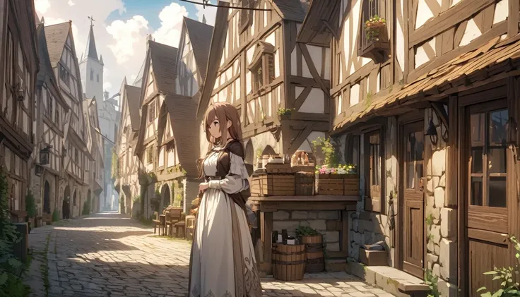  Medieval European Town ,  I was particular about every detail, 4K, masterpiece、Quiet morning town、Brown Hair、Overlooking、Soft look