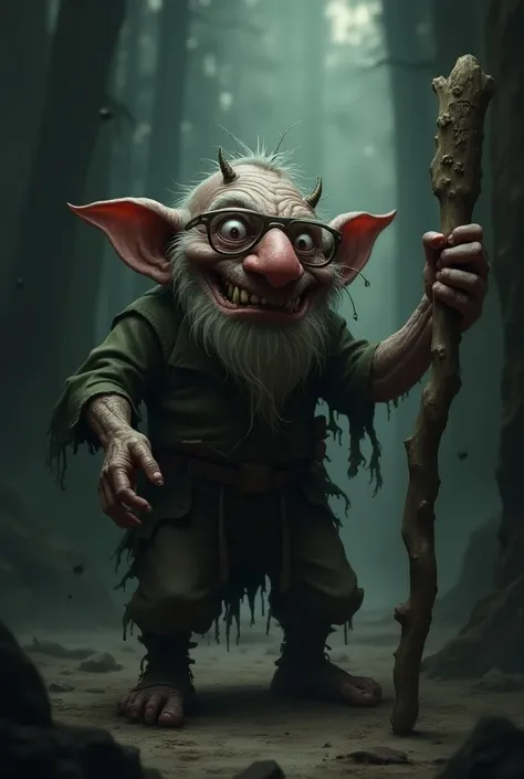 I want an image of a Horrible Gnome wearing glasses and holding a staff