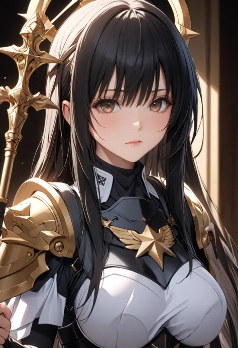 s_saori,  is standing, alone, big_chest,  athena cross_armor, furukawa yui、black hair、 brown eyes 、long hair、_ accessories with ...