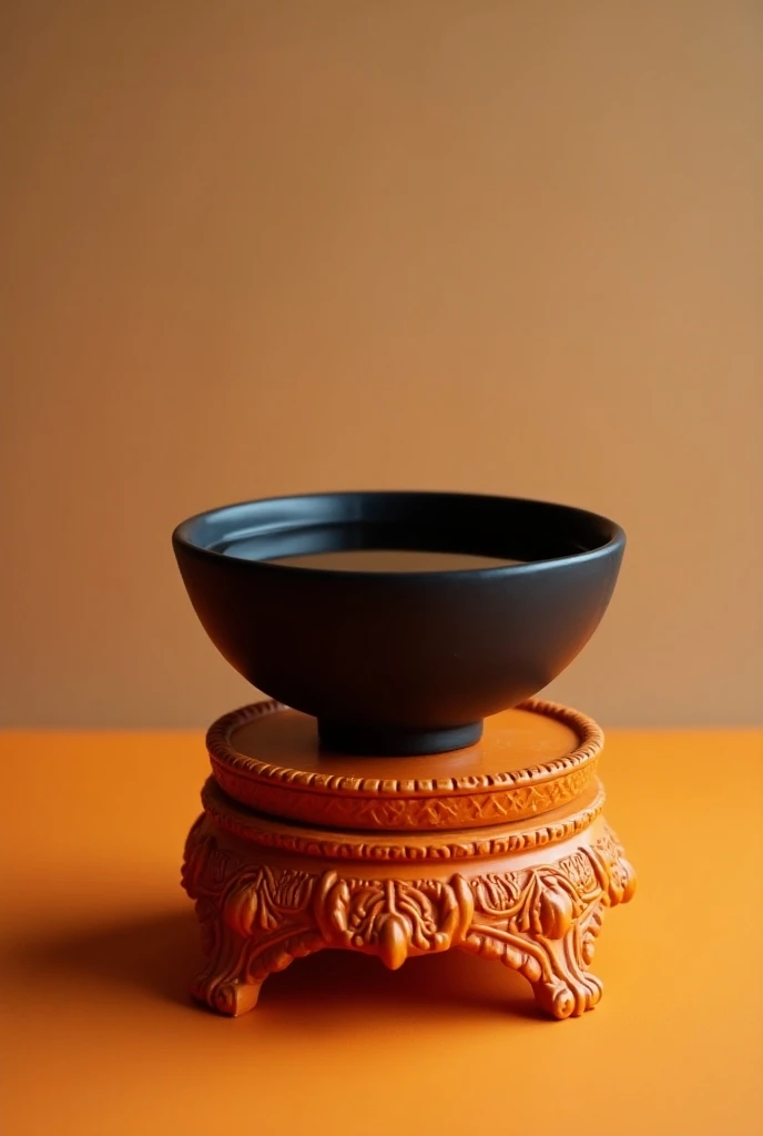 There is a black bowl filled with water on the orange altar.