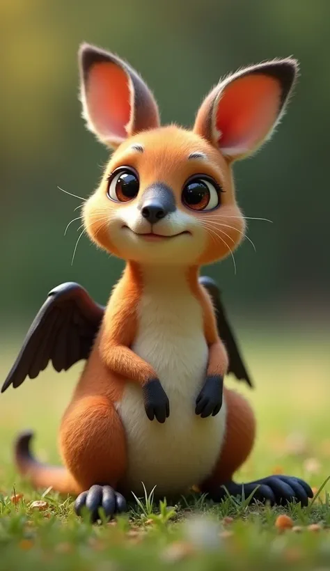 "Adorable baby hybrid creature combining a kangaroo and a crow, with clearly defined features from both animals in a realistic, cute style. The body is small and round, covered in soft, smooth brown fur like a baby kangaroo, and it has a tiny pouch. Its he...