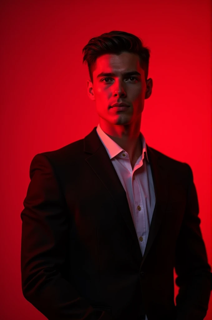 20 year old American boy wearing black blazer posing for linked  in red light background 