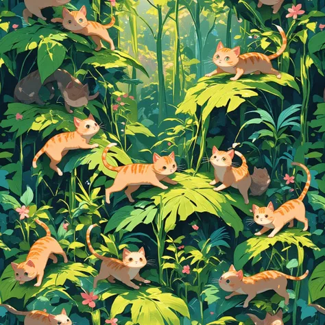 small cats in a jungle repetitive pattern