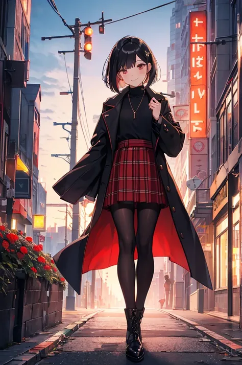 Best Quality, (1 person:2.0), Neutral Mens ,(  flat chest:1.3),(7 heads), Black Hair ,( Bob Cut Hair), high neck sweater lace-up with ribbon, long sleeve ,( red plaid flared skirt:1.2),(Collarless Coat :1.2),Fur on Sleeves ,(black pantyhose),  long boots f...