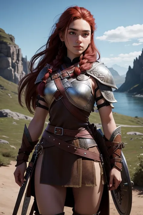 woman young, Red-haired warrior, long hair gathered in a single braid, freckles on the face, mix of Nordic and Celtic themes, armed with long sword and round wooden shield, wearing medium leather armor with fur linings and Celtic and Norse knots, ,  very d...