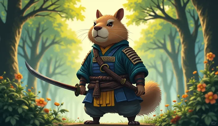 Make a teenage capybara in samurai clothing holding a katana in the anime-style forest