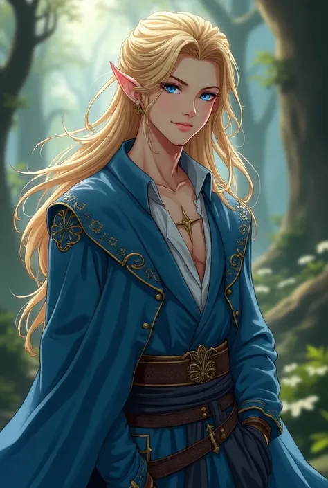 A male elf with long blonde hair and light blue eyes anime style rogue noble in blue fantasy clothing all height 