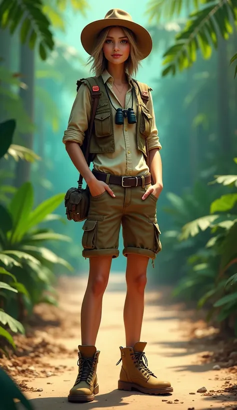 A  dressed in a vibrant jungle explorer outfit, wearing a khaki vest, cargo shorts, a floppy hat, and tiny binoculars around their neck. The ’s shoes are rugged boots, and they carry a playful plastic map. The runway features a tropical jungle backdrop wit...