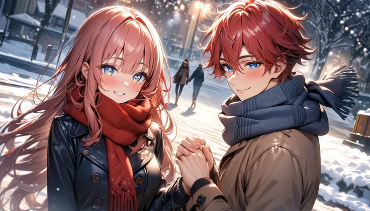  high res,  ultra high definition, HDR, masterpiece, pair, scarf, Stylish winter clothes , Walking hand in hand,  smiling sweetly , Snowy weather ., ((( high res))), (((Gojo Satoru))), Tall,  Blue sparkling pupils ,  Handsome Man,  girl, red long hair, Blu...