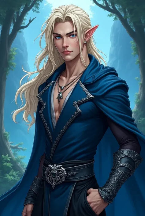 A male elf with long blonde hair and light blue eyes anime style rogue noble in blue fantasy clothing all height silver jewelery