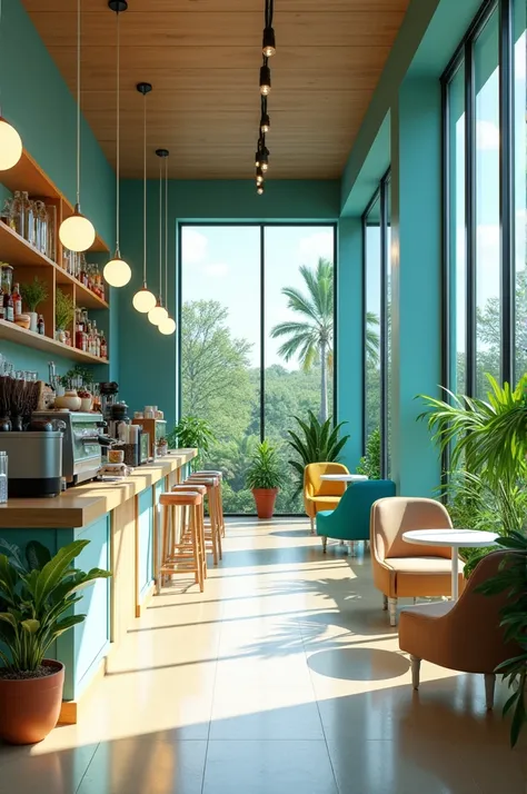 " A modern coffee shop in a minimalist style using turquoise .  Glass walls ,  which creates the feeling of open space and maximum natural light.  The interior has soft ,  modern furniture elements  (For example,  stylish chairs and tables ).  The space lo...