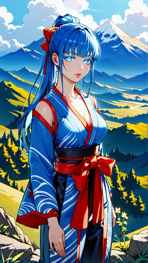 young woman,  with glowing blue hair in a long ponytail,  blue bright eyes, blue lashes , medium lips, medium-sized ,  wide hips ,  narrow waist ,  dressed in black tatsuke hakama ,  breasts that fit snugly ,  pants from a pair of white kyahan and white ta...