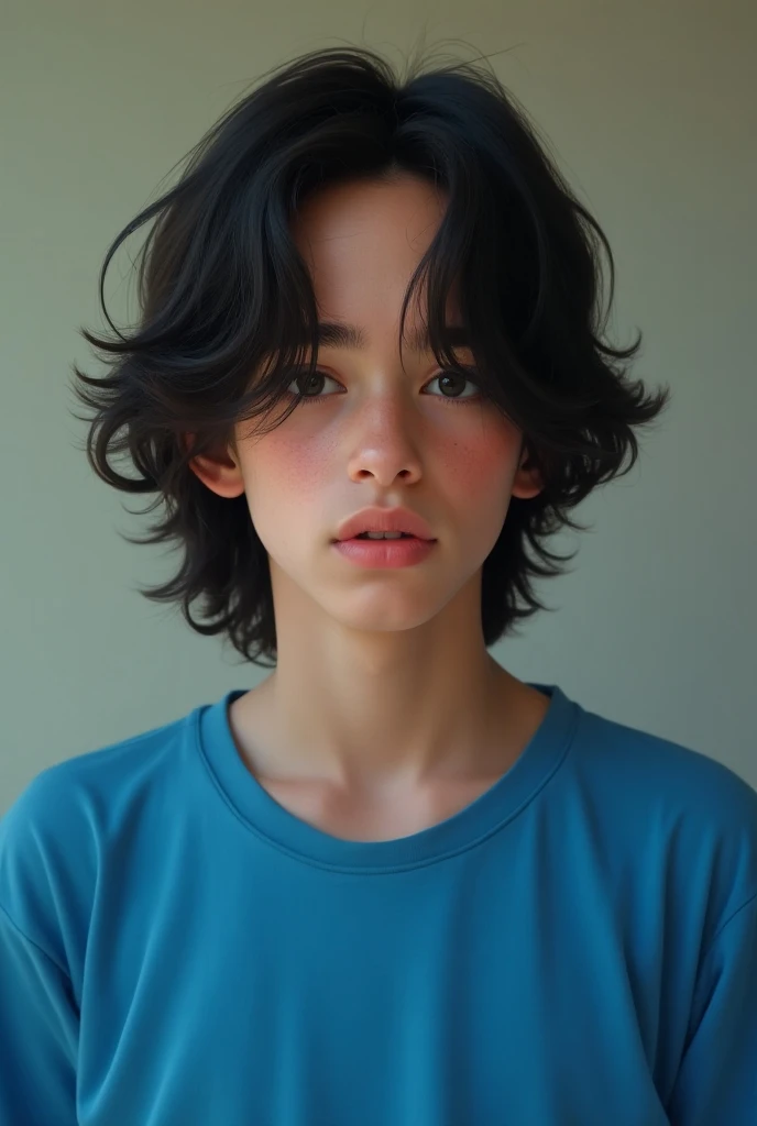 Teenage boy with long black hair wearing blue t-shirt 