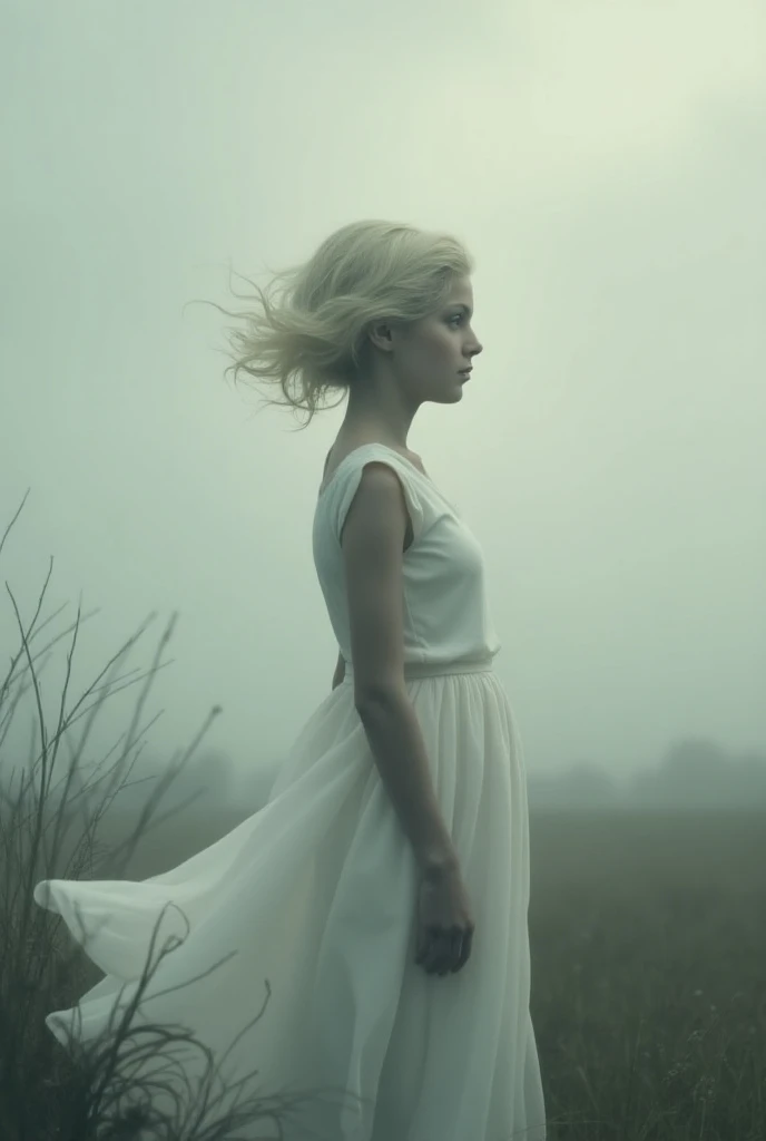 Girl whose face ,  looking at the horizon ,  cannot be seen with very light blond hair and white dress,  standing and looking back , In a cloudy park 