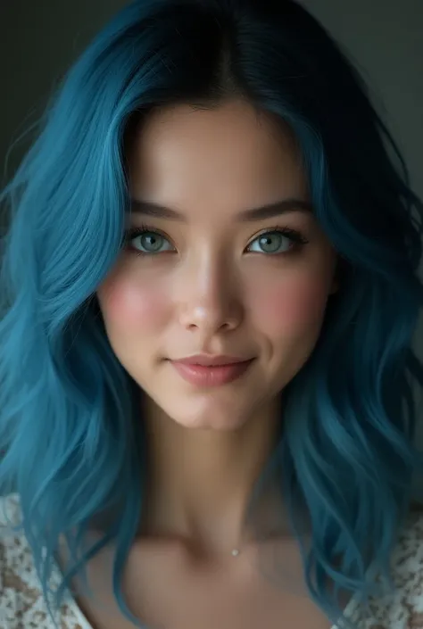 Résolution Haute, Regardant le spectateur, femme , cheveux bleu , les yeux gris , cheveux mi long , Sourire