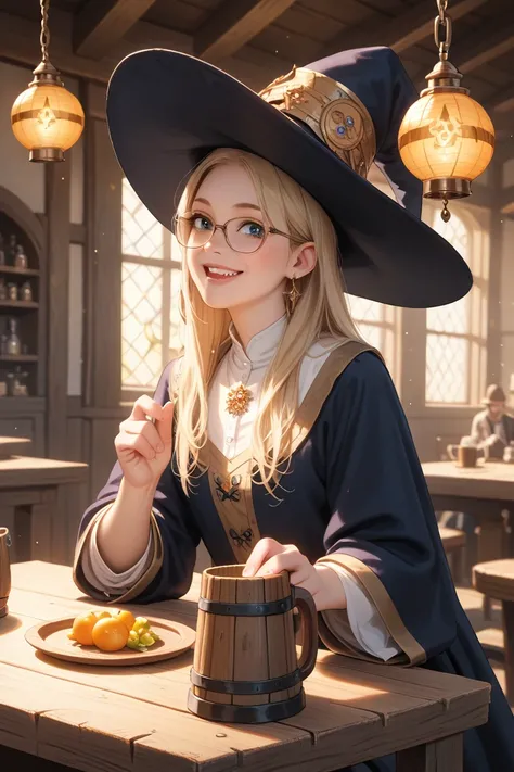 "A full-view scene of a cozy, magical medieval tavern in anime style. The atmosphere is warm and lively, with soft yellow lighting from hanging lanterns and rustic wooden beams. Patrons are sitting at wooden tables, enjoying drinks and socializing, creatin...