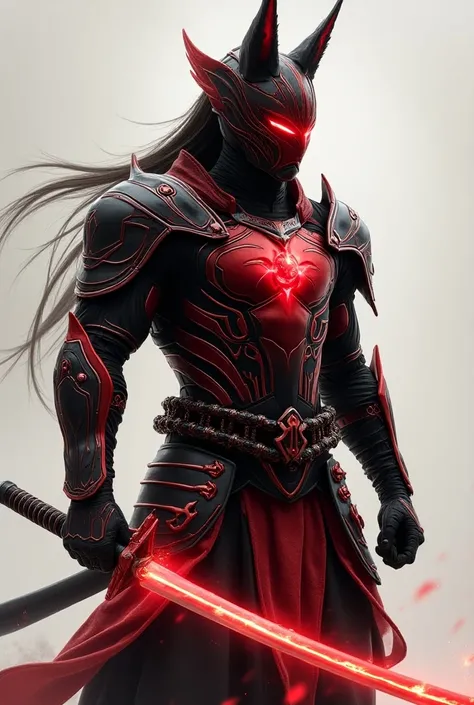 Create a Japanese superhero called "Kensei" (Sword Saint), inspired by traditional samurai armor but with a sleek, futuristic design. His outfit combines ancient samurai aesthetics with metallic red and black armor that reflects modern Japanese innovation....