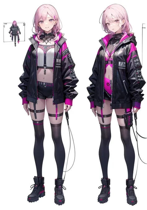 ( cyberpunk),((Gothic Punk))Adult women, Alone, smile,  open your mouth slightly , (Long Hair),  purple eyes, Pink Eyes, (( body harness )), oversized jacket ,Simple white background,  character portraits from Marvel Comics, Setting diagram, ( simple white...