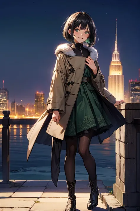 Best Quality, (1 person:2.0), Neutral Mens ,(  flat chest:1.3),(7 heads), Black Hair ,( Bob Cut Hair), high neck sweater lace-up with ribbon, long sleeve ,(green flared skirt with elegant pattern:1.2),(Collarless Coat :1.2),Fur on Sleeves ,(black pantyhose...