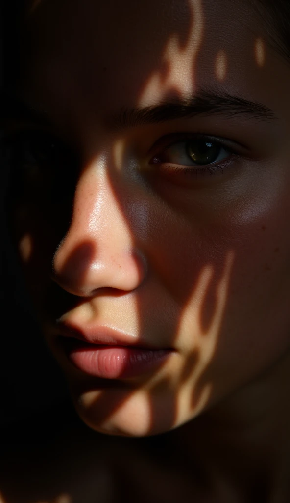 a photo of a ( face bathed in standardized light:1.3), (dotted shadows:1.2), (captivating gaze:1.1), ( contrast of light and texture :1.2),  artistic interaction , ( sharp luminous features :1.1), (detailed iris:1.1), Sony α7R IV, 1/320s, f/2.8, ISO 400, (...