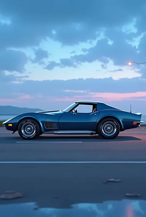  realistic animation style images、 side view of the Chevrolet Corvette C3 iron bumper　Glossy metallic blue color 、 blends the blue of the sky at dawn with the metallic blue of the vehicle 　Fantastic accurate ,  has won numerous awards,  Ultra High Definiti...