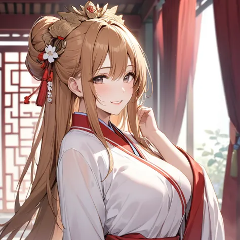 the woman who is a member of the chinese communist party is beautiful, bright brown-haired yuki asuna, wears the gorgeous hanfu ...