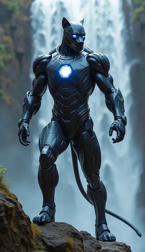 "On a rocky cliff beside a roaring waterfall, create a powerful hybrid character that fuses the essence of Iron Man with the fierce elegance of a black panther. This character should possess the sleek, muscular body of a panther, its fur replaced with a co...