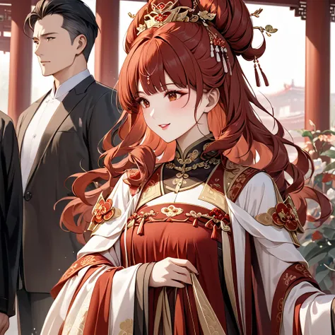  The woman who is a member of the Chinese Communist Party has beautiful red hair, wears the luxurious Han costume of an ancient Chinese empress who is a member of the Chinese Communist Party, pledges absolute loyalty and love to a great Chinese Communist P...