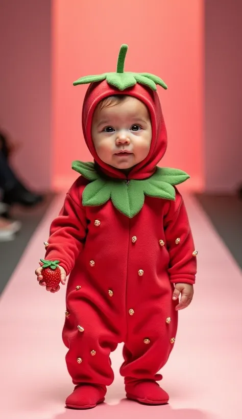 Baby as a Strawberry:
A cute red onesie designed to look like a strawberry, complete with green leaf accents around the collar and a small cap shaped like the green leaves. The baby’s face is framed by tiny seeds scattered across the fabric, and the baby h...