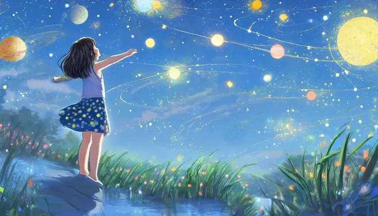  hand drawn with simple lines , a hair flowing ,短髮的4歲小女生的Full body picture,Close your eyes,Smile, Wearing Blue Polka Dot Sleeveless Vest Skirt, Light feet standing in the vast universe ,Monet&#39;s painting style,Close eyes,開心的Smile,Comfortable standing ,F...