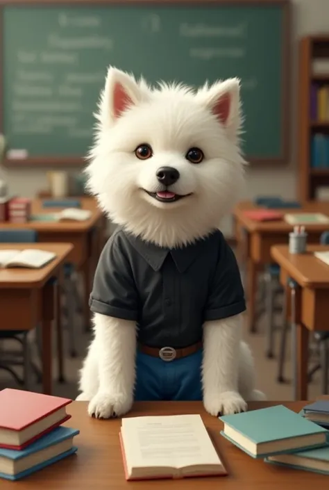 White dog wearing black shirt and blue pant sitting in a class room, infront of him books