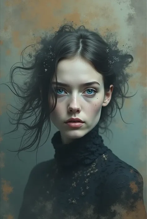  photo of a woman with blue eyes and a black dress, alessio albi, , Anna Dittman ,  beautiful surreal portrait , inspired Katya Chausheva ,  mixed media photography ,  post-grunge portrait , Artur Tarnovsky,  centered portrait , Katya Chausheva 