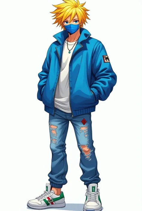 Yellow hair, blue jacket, blue ripped jeans, white Gucci shoes, blue bandit mask, male roblox anime form