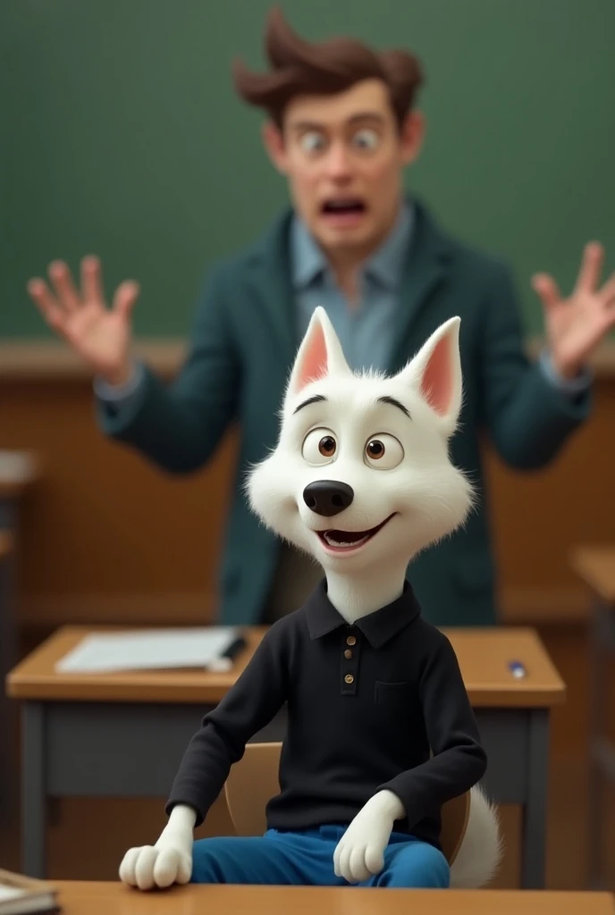 White dog wearing black shirt and blue pant sitting in a class room, infront of his teacher is  who is shouting at him