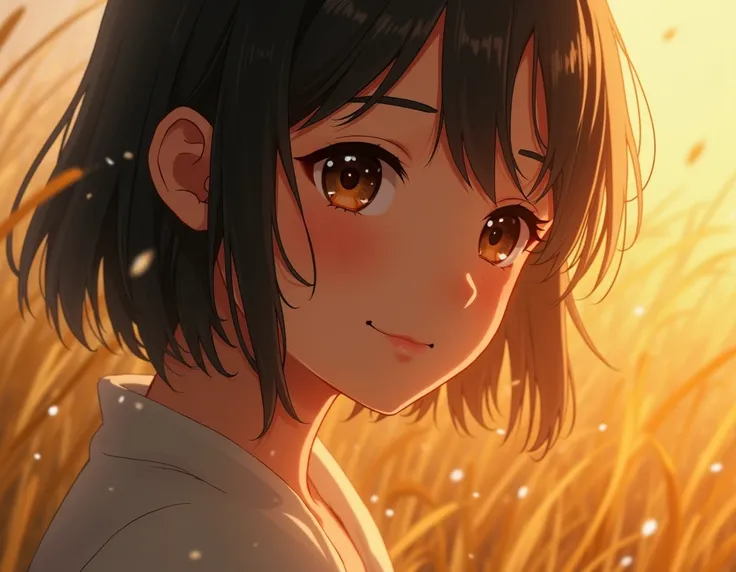 "Close-up of their expression as they gaze out with a soft smile, the gentle laughter echoing as golden grass and raindrops blend together in the background."