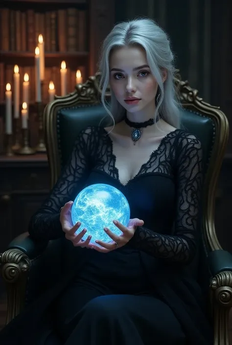 young girl 25 years old, witch, silver hair, Victorian style clothing, sitting on a chair, against the background of a room in a magic academy, ice ball in hand, candles, fantasy