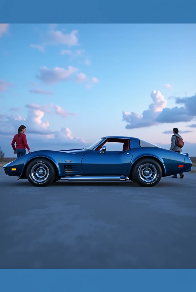  realistic animation style images、 side view of a Chevrolet Corvette C3 iron bumper　Glossy metallic blue color 、Back view of a man and woman walking towards a car 、 1980s American fashion style 、 woman wears a red jacket in a ponytail 、 blends the blue of ...