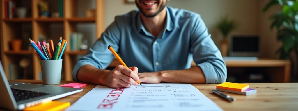 "Create an image of a man in his 30s, sitting at a wooden desk, joyfully crossing off several completed tasks from a checklist. His face radiates satisfaction, showcasing a broad smile that reflects his sense of accomplishment. The checklist is prominently...